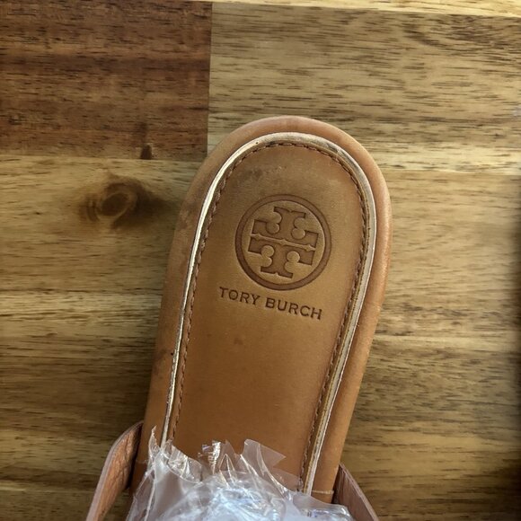 Tory Burch Miller Sandals Tan Leather Logo Women’s 8.5 Resort Beach Pool FLAWS - Picture 9 of 16